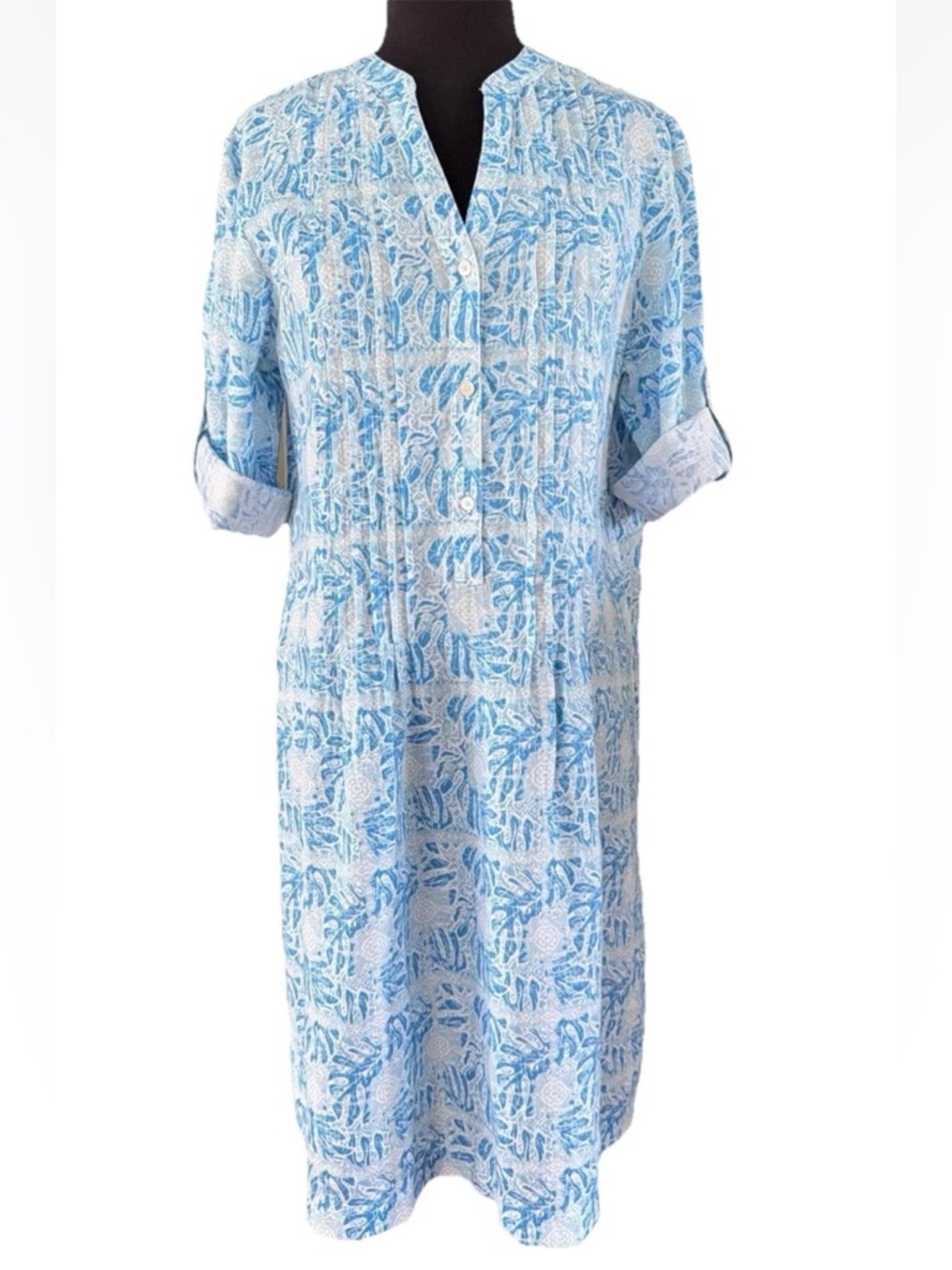 J. McLaughlin Riviera Print Blue Linen Shift Dress Pleated Roll Tab Sleeves Sz M - Picture 10 of 10